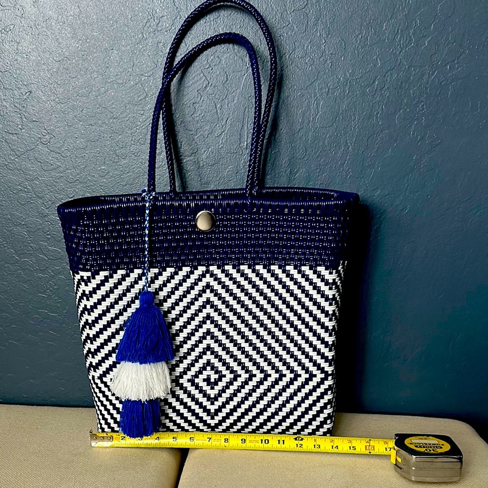 Navy and White Geometric recycled Tote Bag with Tassel Accent